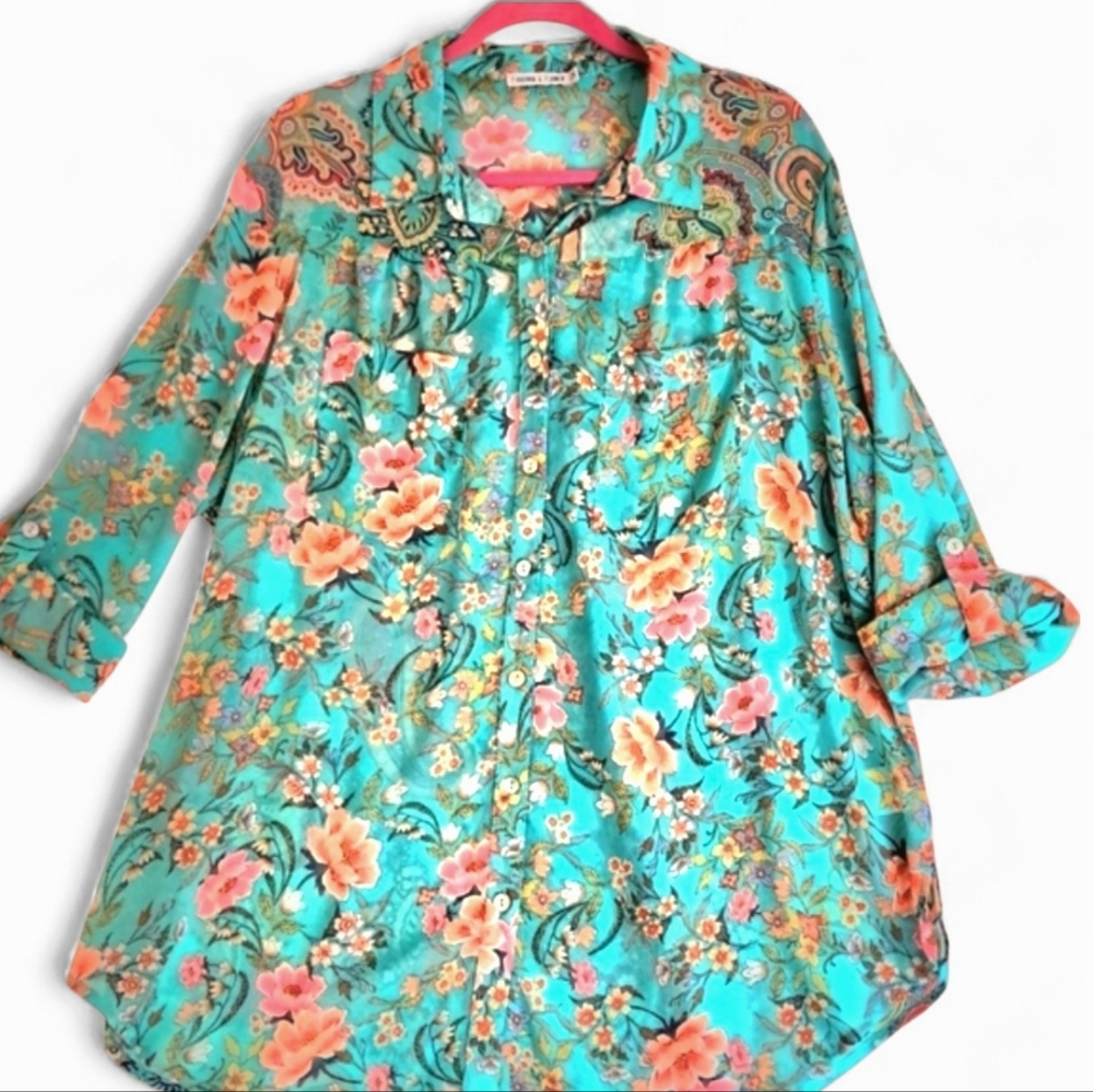 Figueroa & Flower Semi-Sheer Button-up Boho Blouse Teal/Pink Floral & Paisley 2X